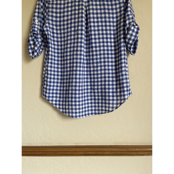 Chico's Size 0/Small/US 4 Blue White Buffalo Plaid Gingham No Iron 100% Linen Po - Picture 8 of 10